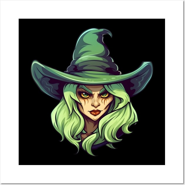 Green witch face with green hair and hat Wall Art by Clearmind Arts